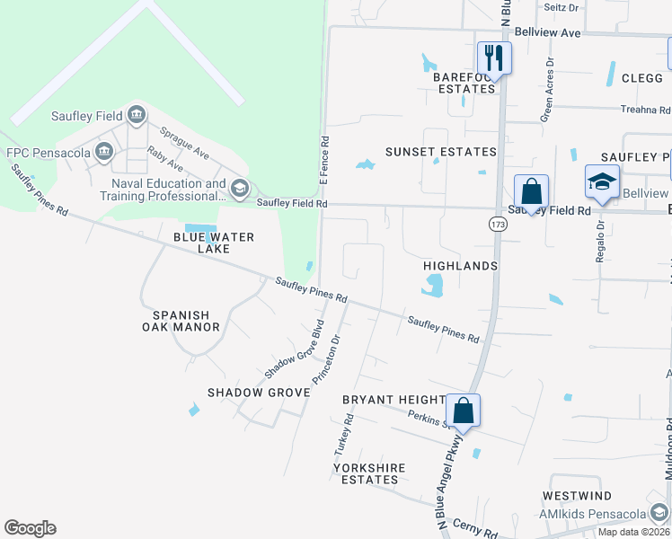 map of restaurants, bars, coffee shops, grocery stores, and more near 5700 Saufley Field Road in Pensacola