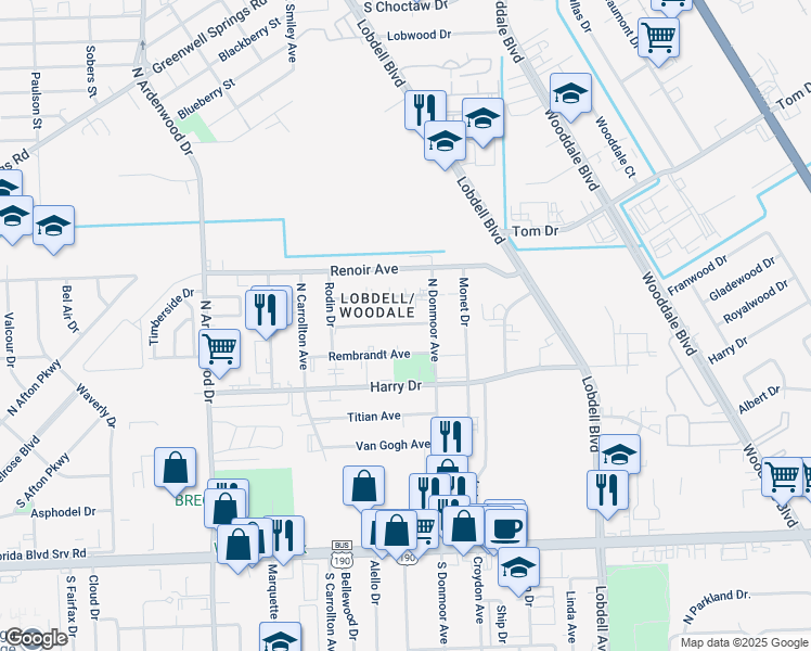 map of restaurants, bars, coffee shops, grocery stores, and more near 6854 Goya Avenue in Baton Rouge