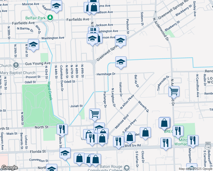 map of restaurants, bars, coffee shops, grocery stores, and more near 1117 North Leighton Drive in Baton Rouge