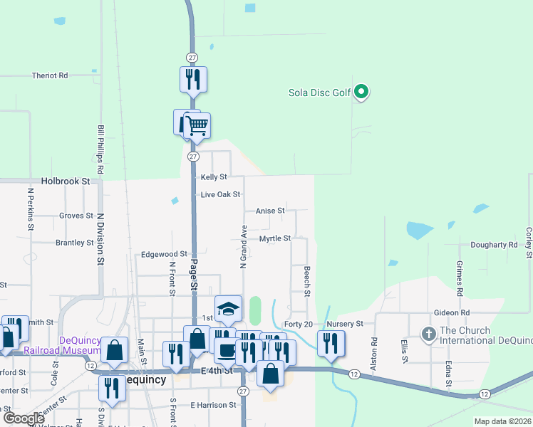 map of restaurants, bars, coffee shops, grocery stores, and more near 911 Anise St in DeQuincy