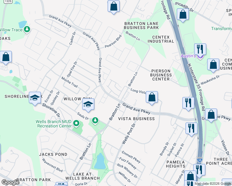 map of restaurants, bars, coffee shops, grocery stores, and more near 15720 Bratton Lane in Austin
