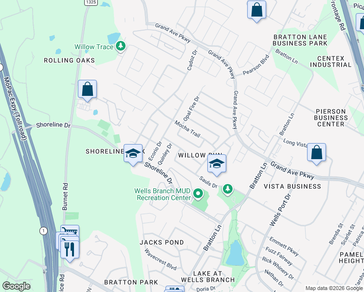 map of restaurants, bars, coffee shops, grocery stores, and more near 3508 Kissman Drive in Austin