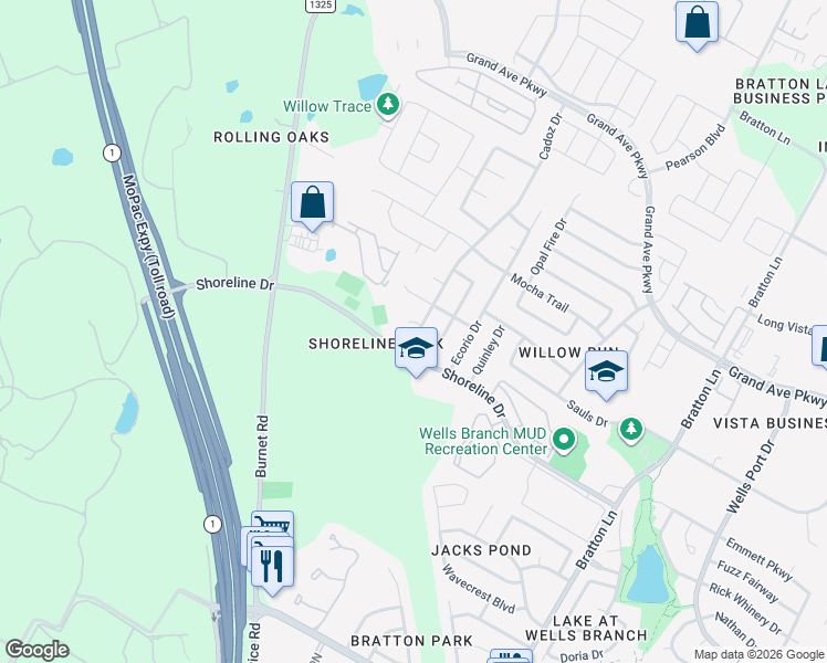 map of restaurants, bars, coffee shops, grocery stores, and more near 15317 Cadoz Drive in Austin