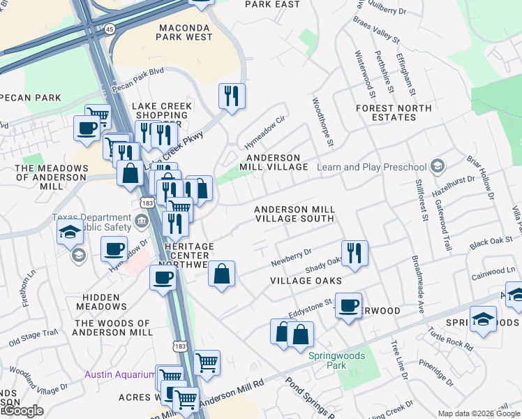 map of restaurants, bars, coffee shops, grocery stores, and more near 9712 Copper Creek Drive in Austin