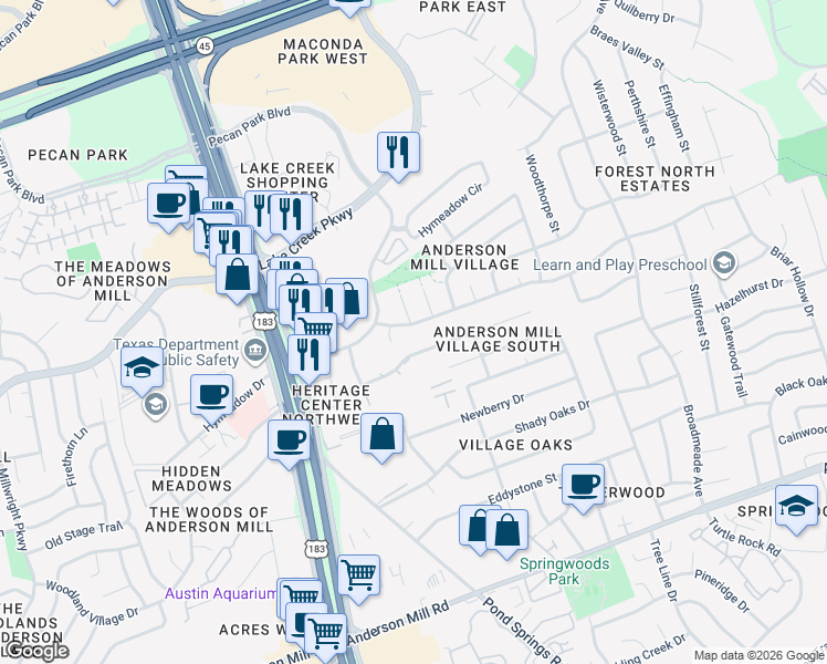 map of restaurants, bars, coffee shops, grocery stores, and more near 9815 Meadowheath Drive in Austin