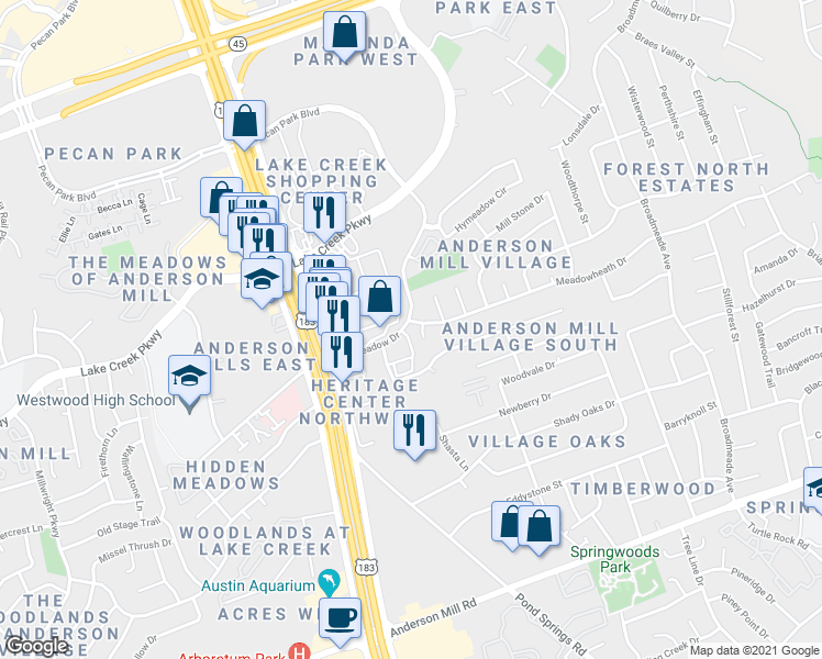 map of restaurants, bars, coffee shops, grocery stores, and more near 9821 Meadowheath Drive in Austin