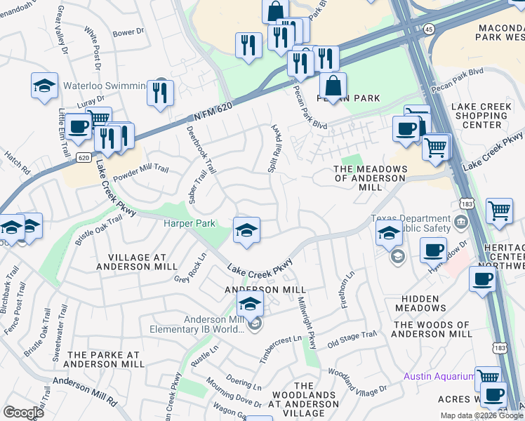 map of restaurants, bars, coffee shops, grocery stores, and more near 10805 Cobblestone Lane in Austin