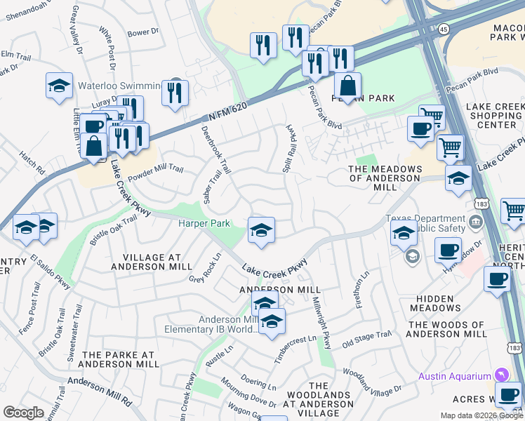 map of restaurants, bars, coffee shops, grocery stores, and more near 10904 Running Buck Lane in Austin