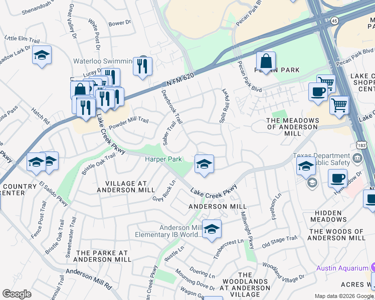map of restaurants, bars, coffee shops, grocery stores, and more near 12213 Waterside Trail in Austin