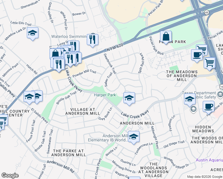 map of restaurants, bars, coffee shops, grocery stores, and more near 12213 Waterside Trail in Austin