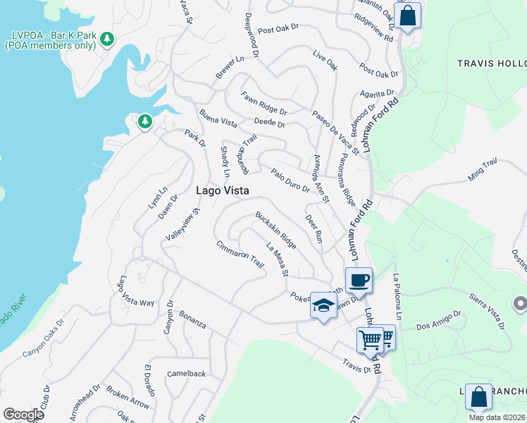 map of restaurants, bars, coffee shops, grocery stores, and more near 20702 Buckskin Ridge in Lago Vista