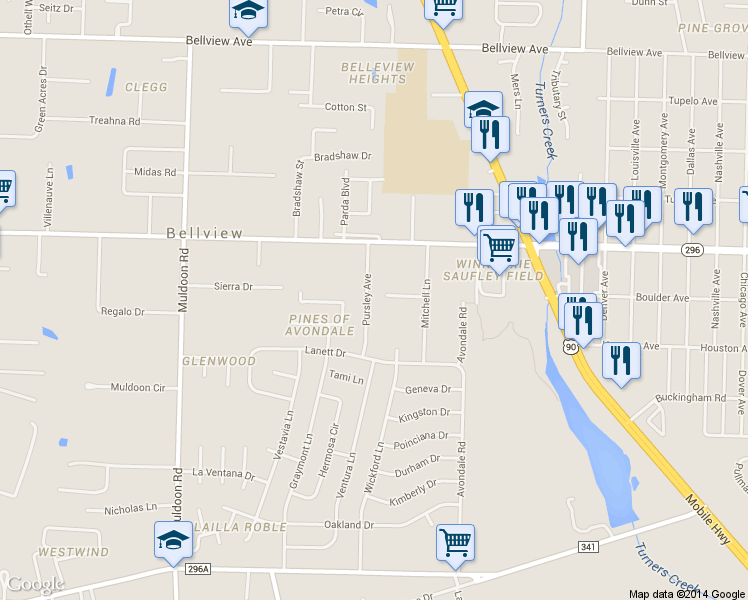 map of restaurants, bars, coffee shops, grocery stores, and more near 5982 Pursley Avenue in Pensacola