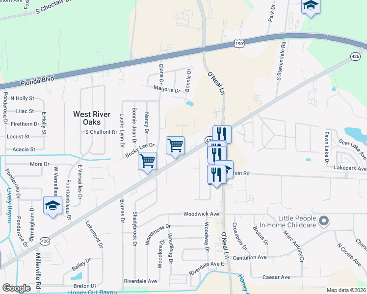 map of restaurants, bars, coffee shops, grocery stores, and more near 15545 Old Hammond Highway in Baton Rouge