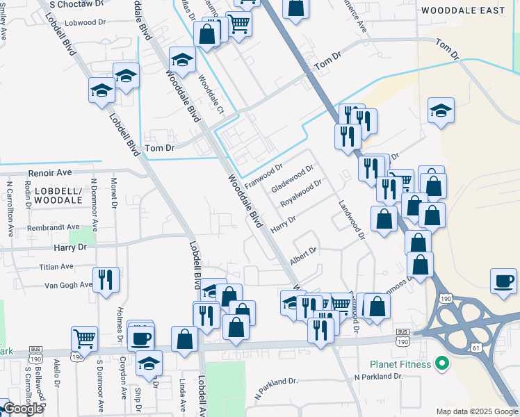 map of restaurants, bars, coffee shops, grocery stores, and more near 1022 Wooddale Blvd in Baton Rouge