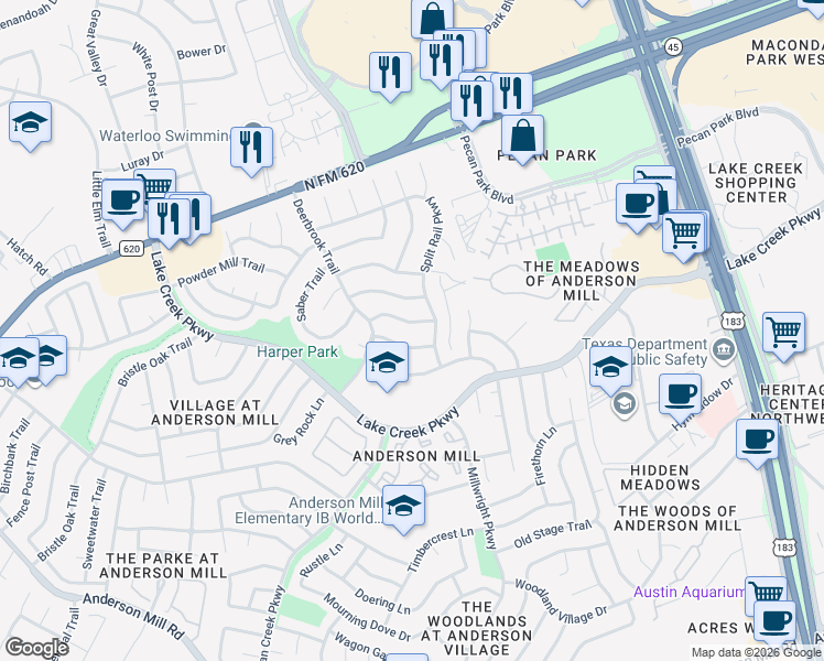 map of restaurants, bars, coffee shops, grocery stores, and more near 10805 Cobblestone Lane in Austin
