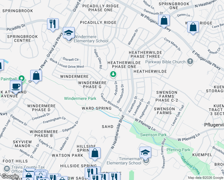 map of restaurants, bars, coffee shops, grocery stores, and more near 16923 Ardisia Drive in Pflugerville