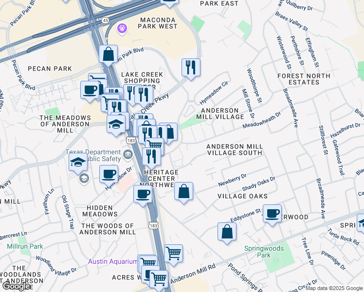 map of restaurants, bars, coffee shops, grocery stores, and more near 9821 Meadowheath Drive in Austin