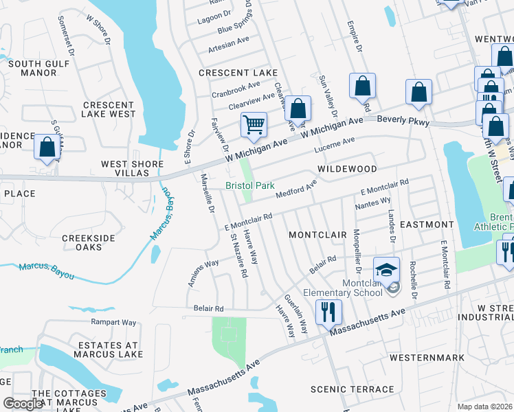 map of restaurants, bars, coffee shops, grocery stores, and more near 1135 Medford Avenue in Pensacola
