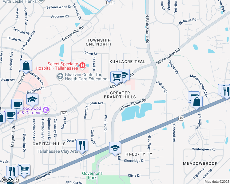 map of restaurants, bars, coffee shops, grocery stores, and more near 1413 McCauley Road in Tallahassee