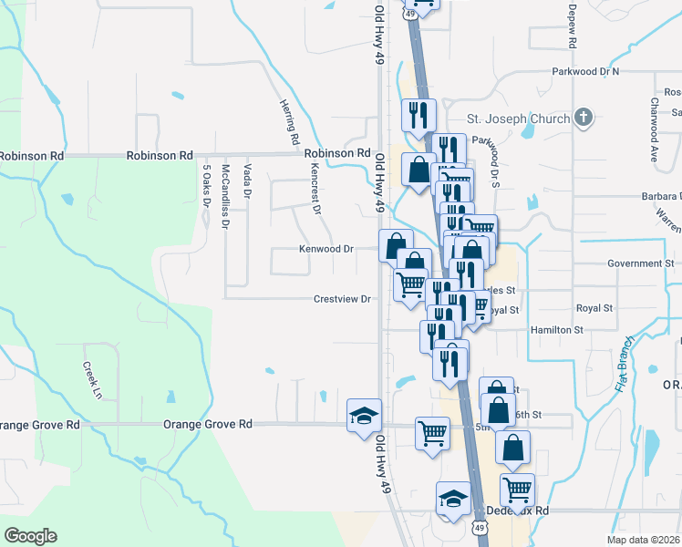 map of restaurants, bars, coffee shops, grocery stores, and more near 12090 Kencrest Drive in Gulfport