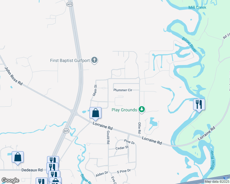 map of restaurants, bars, coffee shops, grocery stores, and more near 10709 Plummer Circle in Gulfport