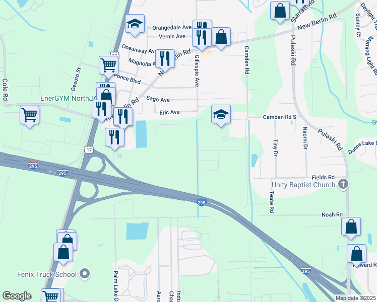 map of restaurants, bars, coffee shops, grocery stores, and more near 12338 Gillespie Avenue in Jacksonville