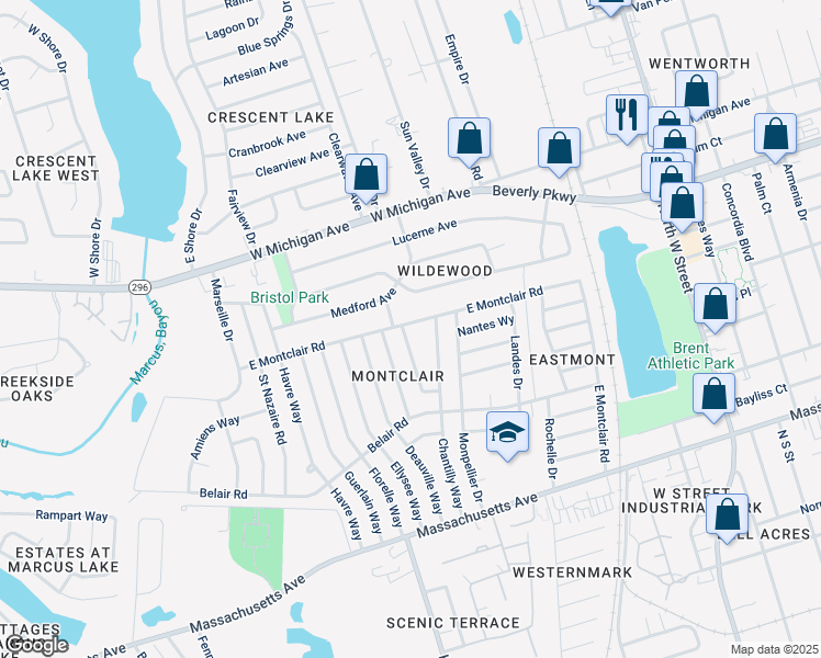 map of restaurants, bars, coffee shops, grocery stores, and more near 4520 Le Moyne Lane in Pensacola