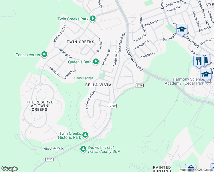 map of restaurants, bars, coffee shops, grocery stores, and more near 3006 Lombardi Way in Cedar Park