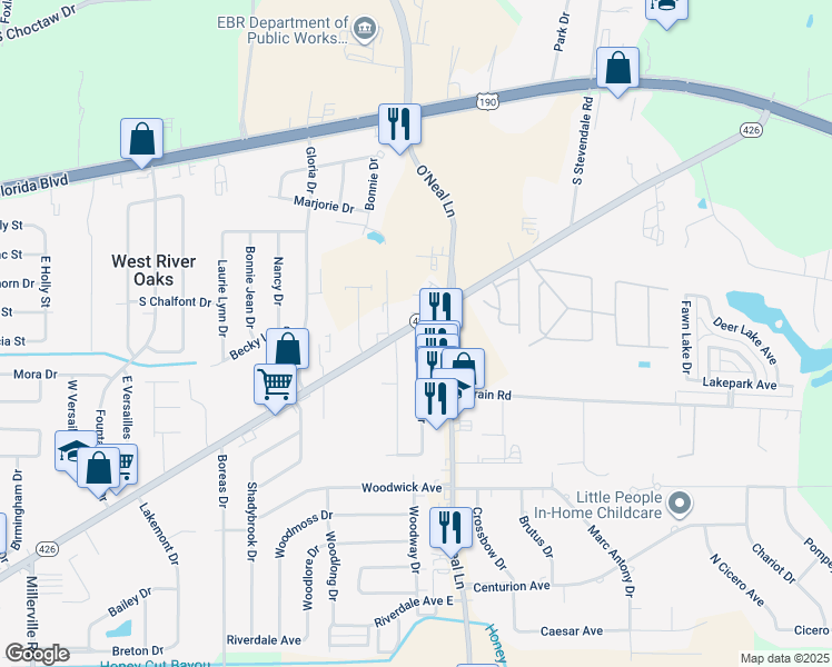 map of restaurants, bars, coffee shops, grocery stores, and more near 718 Sedona Pines Drive in Baton Rouge