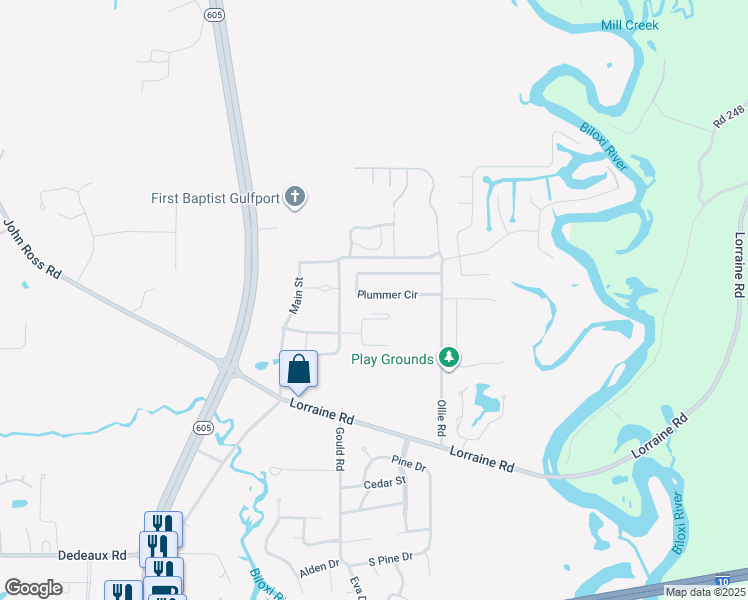 map of restaurants, bars, coffee shops, grocery stores, and more near 10709 Plummer Circle in Gulfport