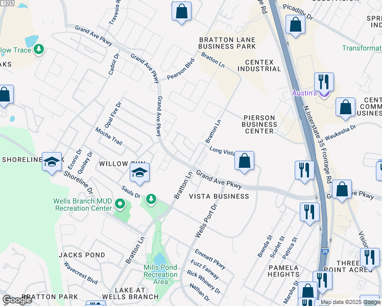 map of restaurants, bars, coffee shops, grocery stores, and more near 2801 Salvidar Bend in Austin