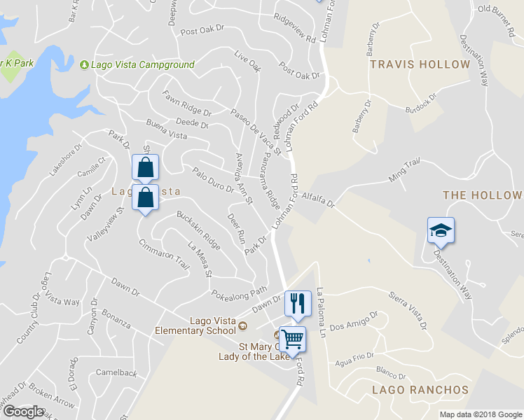 map of restaurants, bars, coffee shops, grocery stores, and more near 6509 Avenida Ann Street in Lago Vista