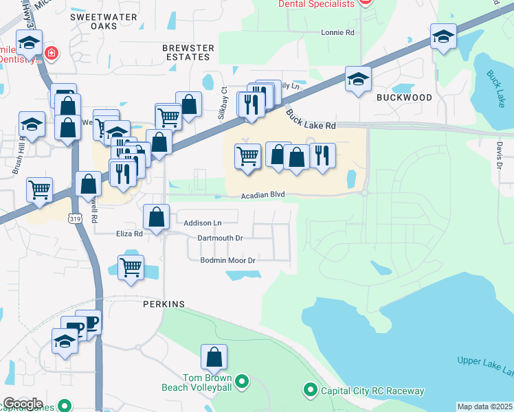 map of restaurants, bars, coffee shops, grocery stores, and more near 3512 Torrington Way in Tallahassee