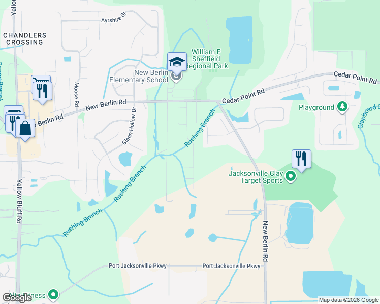 map of restaurants, bars, coffee shops, grocery stores, and more near 12221 Rouen Cove Drive in Jacksonville