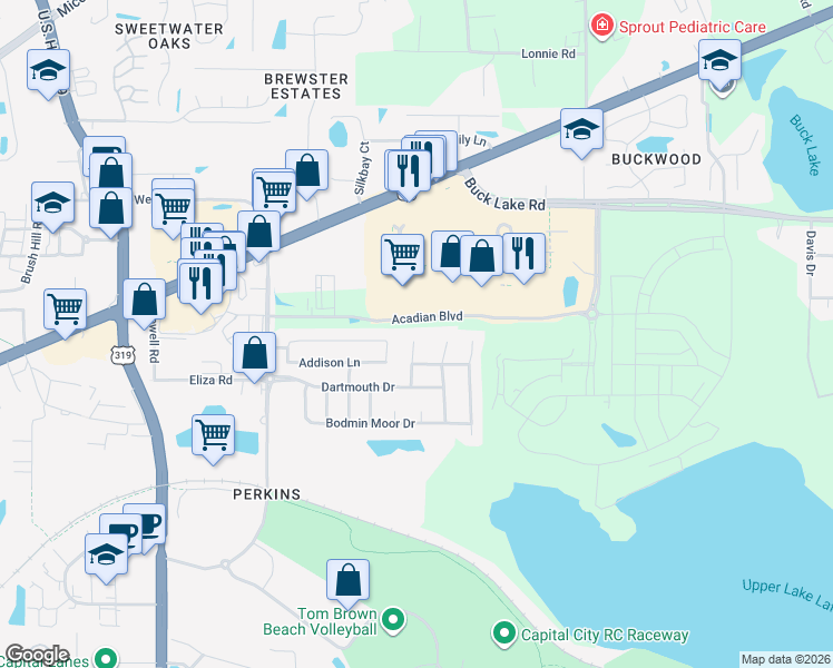 map of restaurants, bars, coffee shops, grocery stores, and more near 3512 Torrington Way in Tallahassee