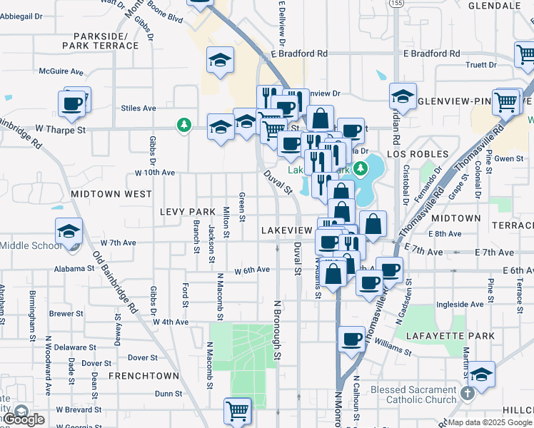 map of restaurants, bars, coffee shops, grocery stores, and more near 319 West 8th Avenue in Tallahassee