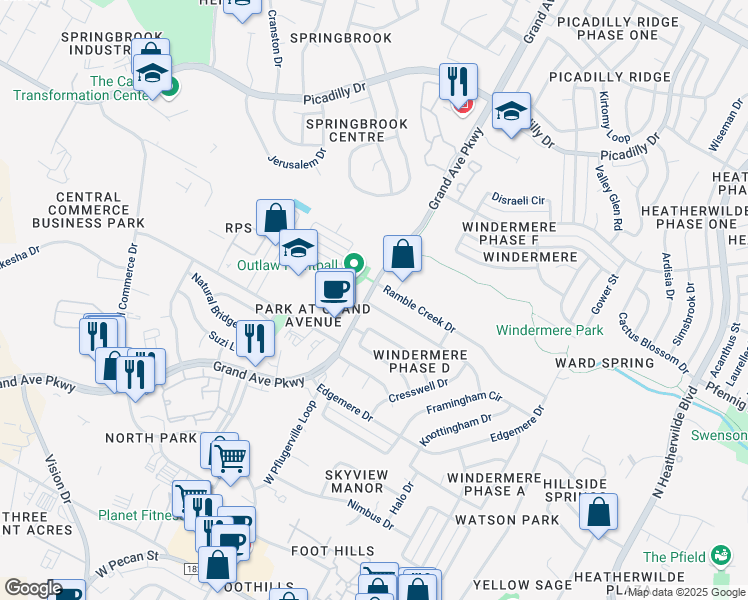 map of restaurants, bars, coffee shops, grocery stores, and more near 1000 Grand Avenue Parkway in Round Rock