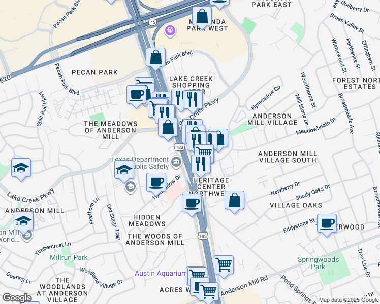 map of restaurants, bars, coffee shops, grocery stores, and more near 13725 Research Boulevard in Austin