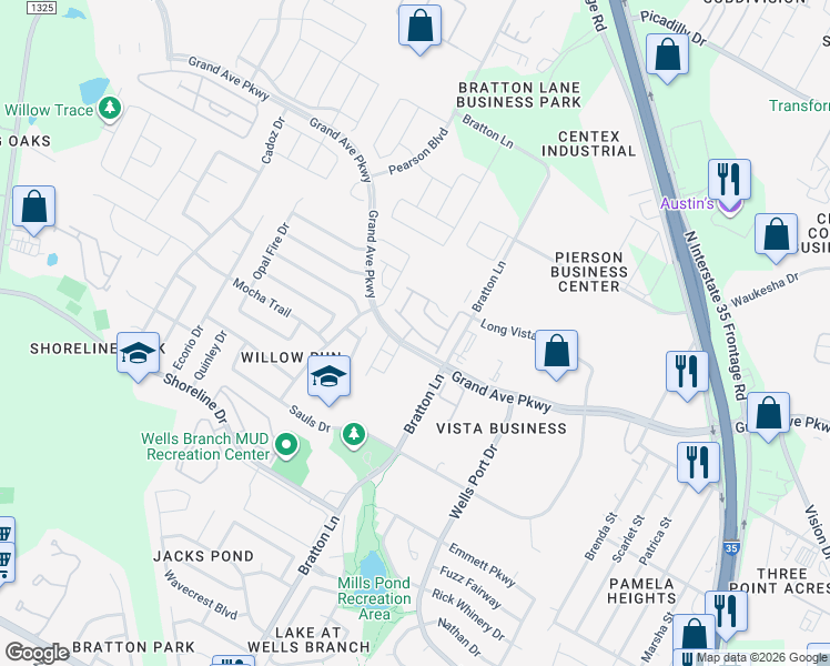 map of restaurants, bars, coffee shops, grocery stores, and more near 15720 Bratton Lane in Austin