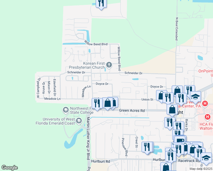 map of restaurants, bars, coffee shops, grocery stores, and more near 706 Doyce Drive in Fort Walton Beach