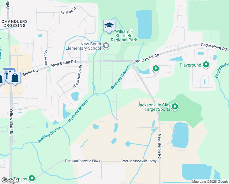 map of restaurants, bars, coffee shops, grocery stores, and more near 12221 Rouen Cove Drive in Jacksonville
