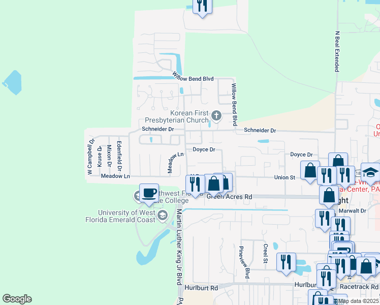 map of restaurants, bars, coffee shops, grocery stores, and more near 1339 Green Acres Boulevard in Fort Walton Beach