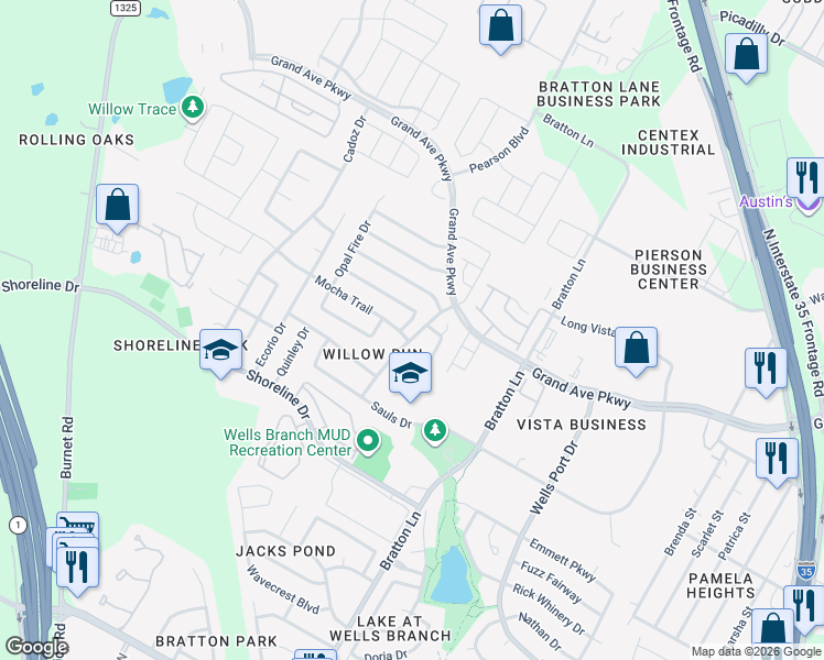 map of restaurants, bars, coffee shops, grocery stores, and more near 15519 Crissom Lane in Austin
