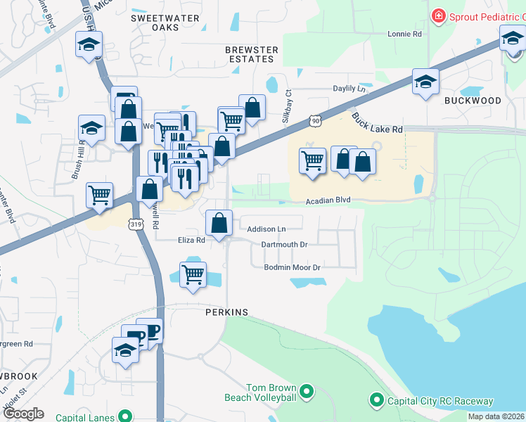 map of restaurants, bars, coffee shops, grocery stores, and more near 3252 Emerson Lane in Tallahassee
