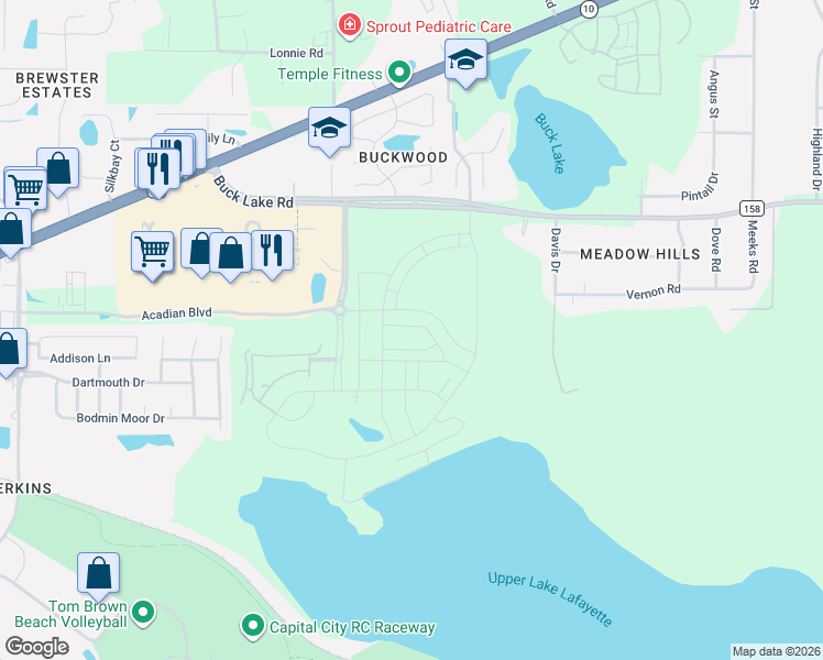 map of restaurants, bars, coffee shops, grocery stores, and more near Fallschase Pkwy in Tallahassee