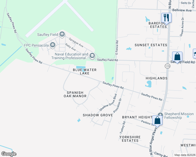 map of restaurants, bars, coffee shops, grocery stores, and more near 6100 Saufley Pines Road in Pensacola