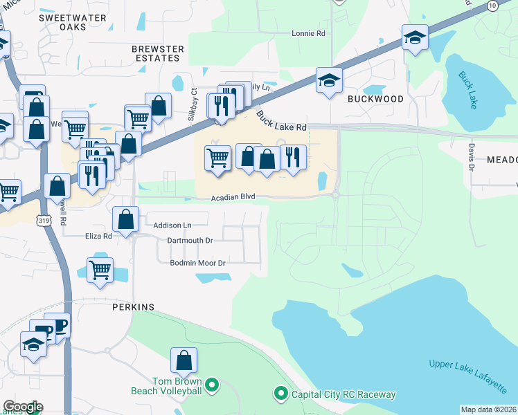 map of restaurants, bars, coffee shops, grocery stores, and more near 3520 Barnstaple Drive in Tallahassee