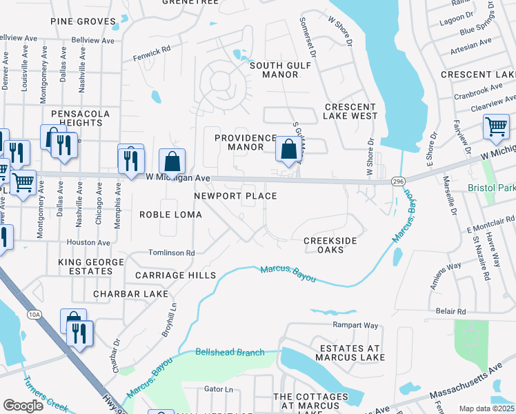 map of restaurants, bars, coffee shops, grocery stores, and more near 2460 Spyglass Circle in Pensacola