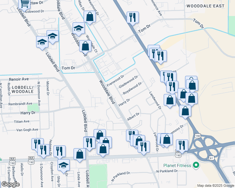 map of restaurants, bars, coffee shops, grocery stores, and more near 1022 Wooddale Boulevard in Baton Rouge