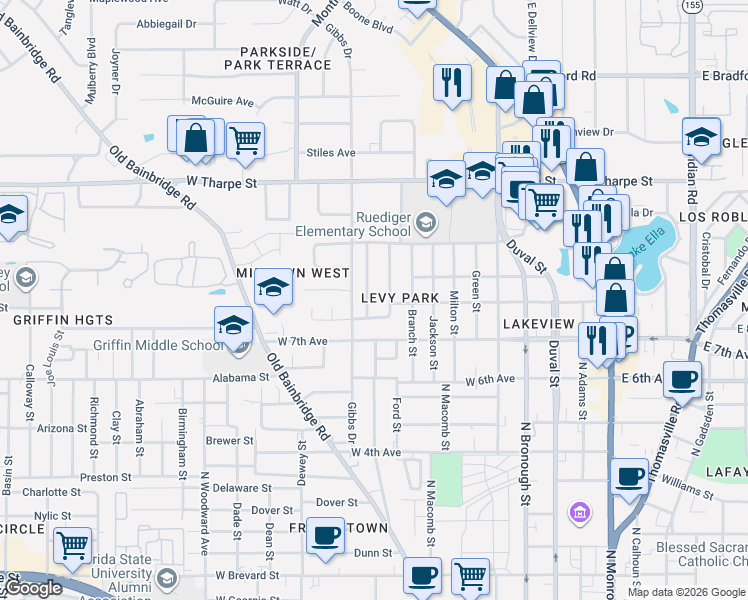 map of restaurants, bars, coffee shops, grocery stores, and more near 1509 Yancey Street in Tallahassee